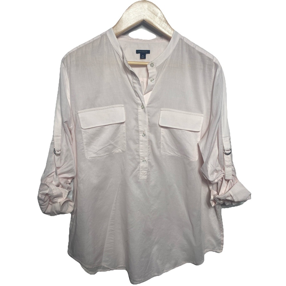 Ann Taylor‎ 100% Cotton Lightweight Henley Roll Tab Blouse Pale Pink Size XL